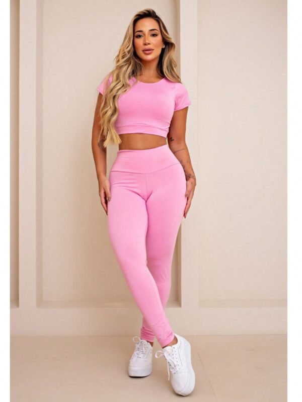 Conjunto Feminino Academia Top Manga Curta Calça Legging Cintura Alta Compressão Cropped Suplex Microfibra Malhar