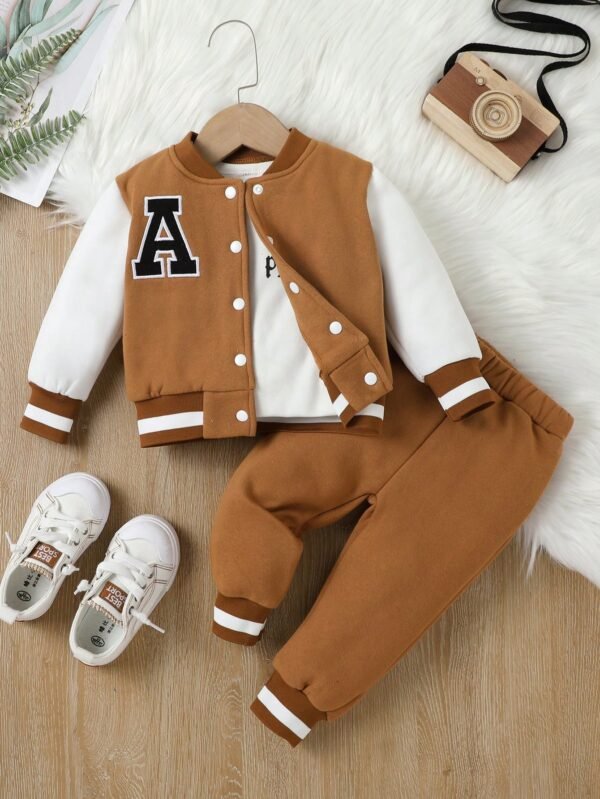Conjunto de 2 peças Jaqueta e Calça Casual Esportiva com Estampa de Letras para Bebês Meninos, Ideal para Uso Diário