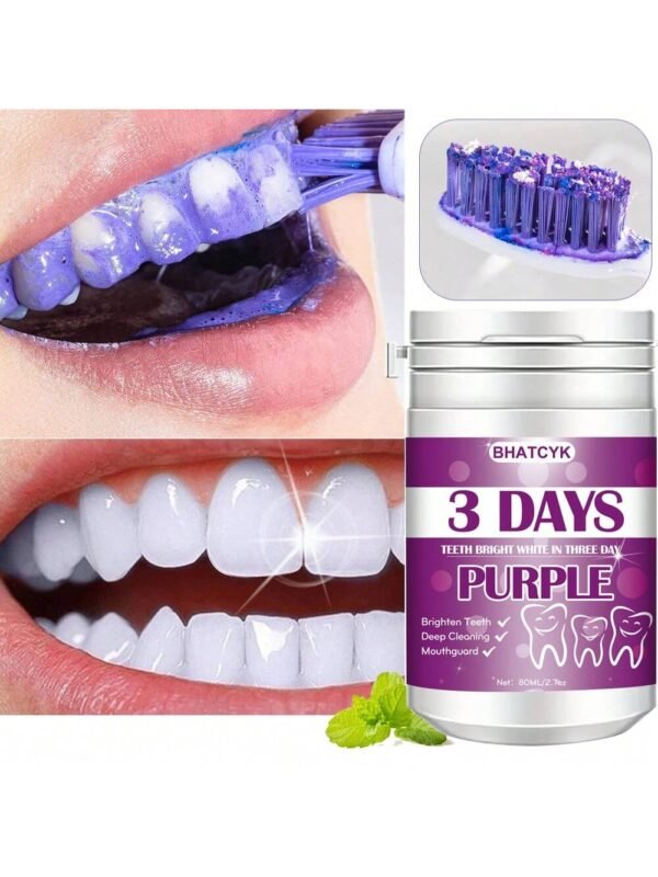 Pó de clareamento dental BHATCYK roxo 3 dias, para controle de placa, limpeza básica com sabor de menta e refrescância da respiração