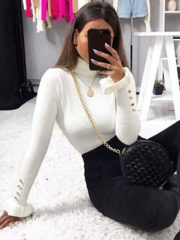 blusa moda feminina tricot linha  Gola chacharrel  manga  botao sueter inverno