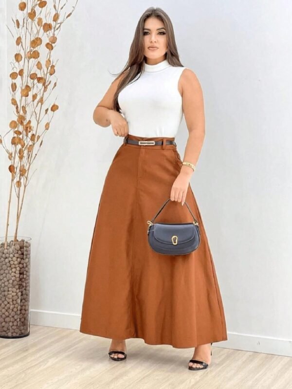 Saia Longa Feminina Alfaiataria Com Cinto moda verão