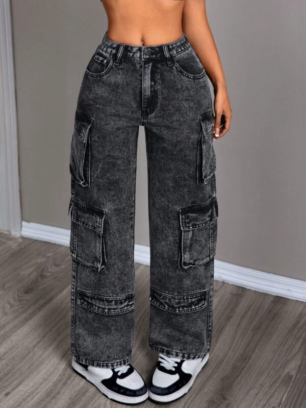 SHEIN PETITE Calça Denim Y2K em estilo sólido de perna reta com botões frontais, passantes de cinto e bolsos