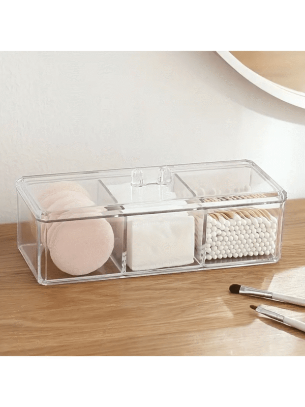 Porta Algodão e Cotonete com 3 Divisórias em Acrílico Transparente