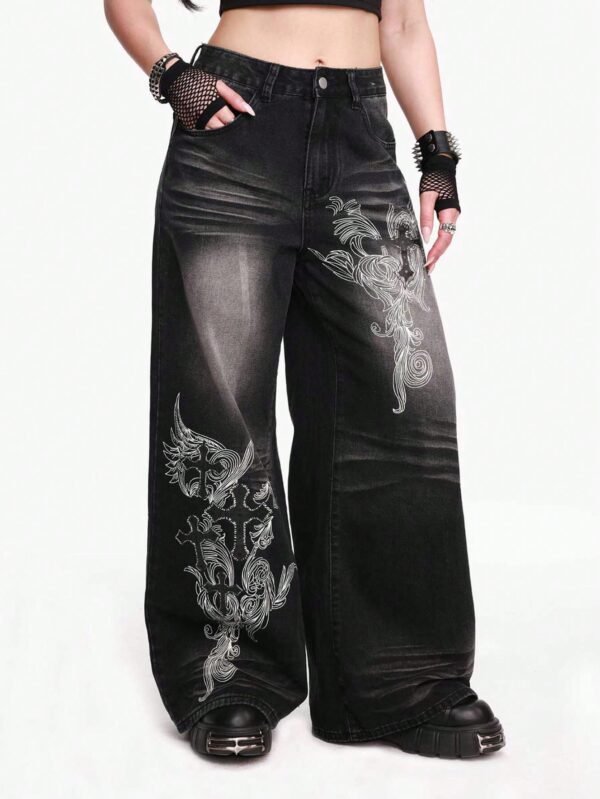 ROMWE Grunge Punk Denim Casuais Boyfriend Soltos com Bolsos, Ajuste Folgado e Padrão em Forma de Cruz