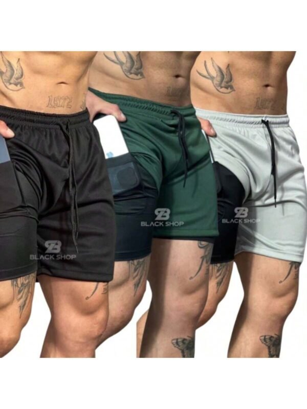 Kit 3 Short 2 em 1 RUN Dry Fit Forrado Bermuda Academia Masculino Corrida Treino Com Elastano