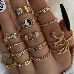 16 peças Conjunto de Anéis Articulados com Padrão Vintage de Yin Yang, Sol, Lua, Cobra, Folha e Flor