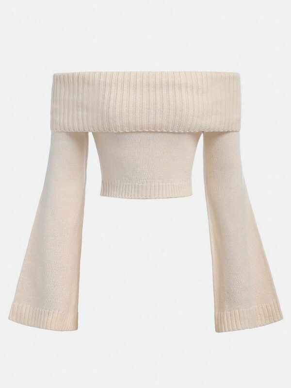 SHEIN Girlism Suéter Cropped de Malha com Ombros à Mostra e Manga Evasê para Adolescentes, em Branco Amendoado, Outono/Inverno