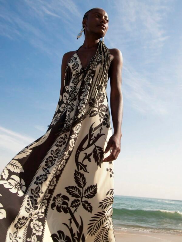 CAJUNI Vestido Longo Casual de Praia Feminino de Verão com Estampa Tropical de Flores e Árvores de Coco, Alças de Espaguete e Amarração