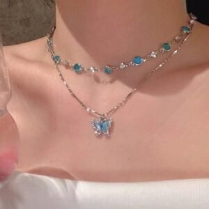 2 Peças Colar de Borboleta de Cristal Azul para Mulheres e Meninas, Choker de Camada Dupla, Colar de Clavícula, Presente de Joias