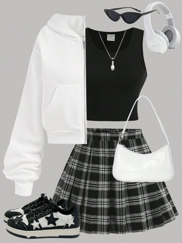 SHEIN Girlism 3 peças/conjunto Roupa casual para meninas adolescentes: Jaqueta com capuz branca com zíper, colete de tricô e saia xadrez plissada