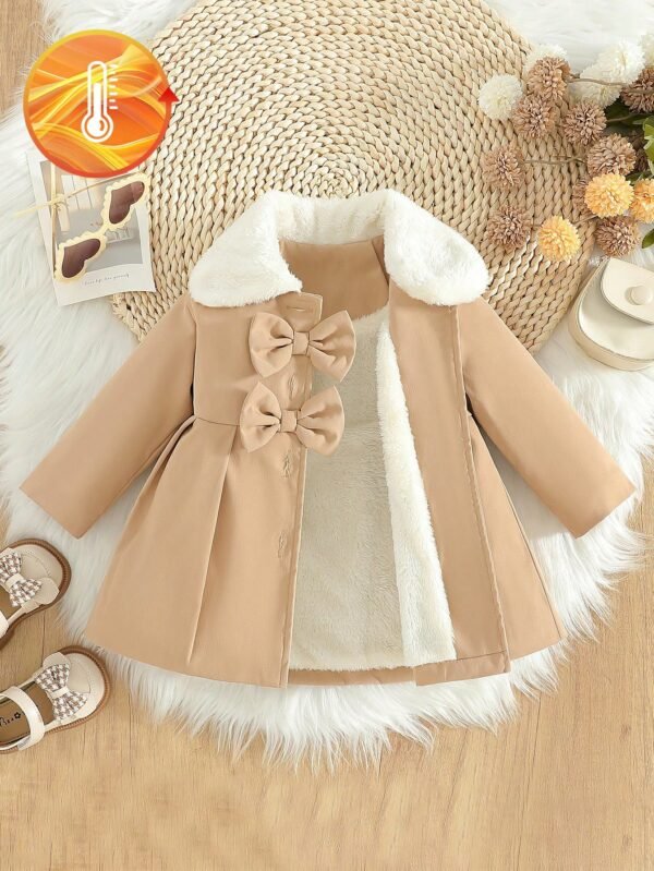 SHEIN Casaco de Trench Térmico para Bebê Meninas com Gola Fofinha e Laço Decorativo, Outono/Inverno
