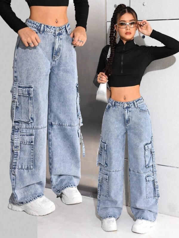 SHEIN Calça Denim Cargo Reta de Cintura Alta e Larga em Estilo Stonewashed, com Bolsos Utilitários, Estilo Versátil, Roupas de Inverno e Looks de Streetwear para Adolescentes