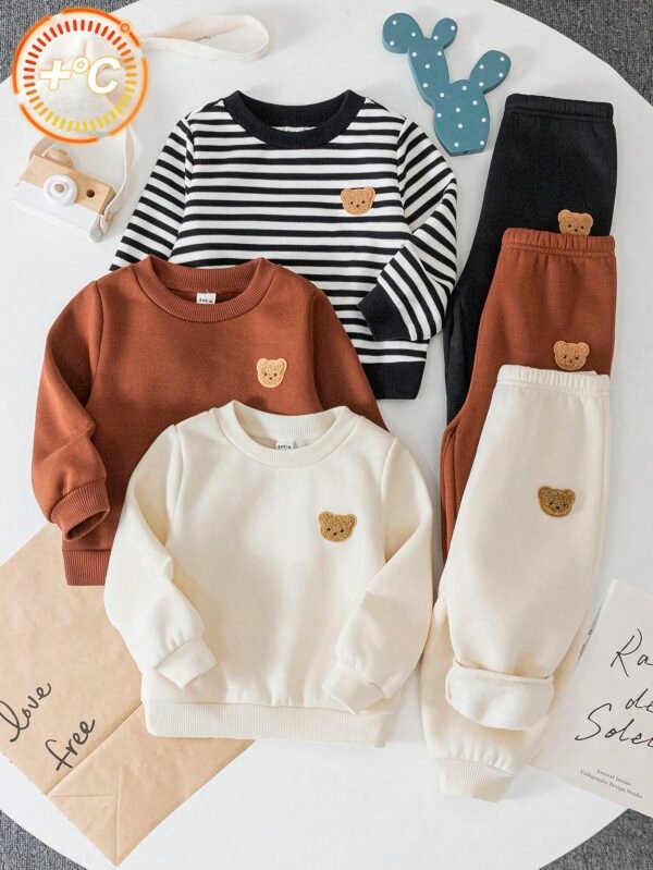 6 Peças Conjunto Bebê Menino e Menina, Suéter Manga Longa com Design Fofo de Desenho Animado, Listrado e Cor Sólida, e Calça de Malha com Amarração no Tornozelo, 2 Peças, Adequado para Outono e Inverno