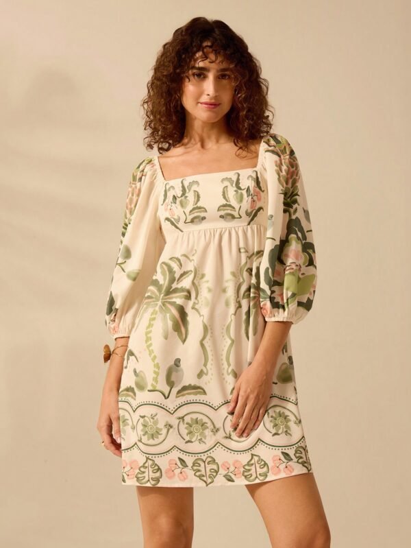 CAJUNI Vestido Casual de Praia e Resort de Verão com Mangas Lanternas, Estampa Boho Tropical de Rododendro, Coqueiro e Folha de Monstra, para Mulheres