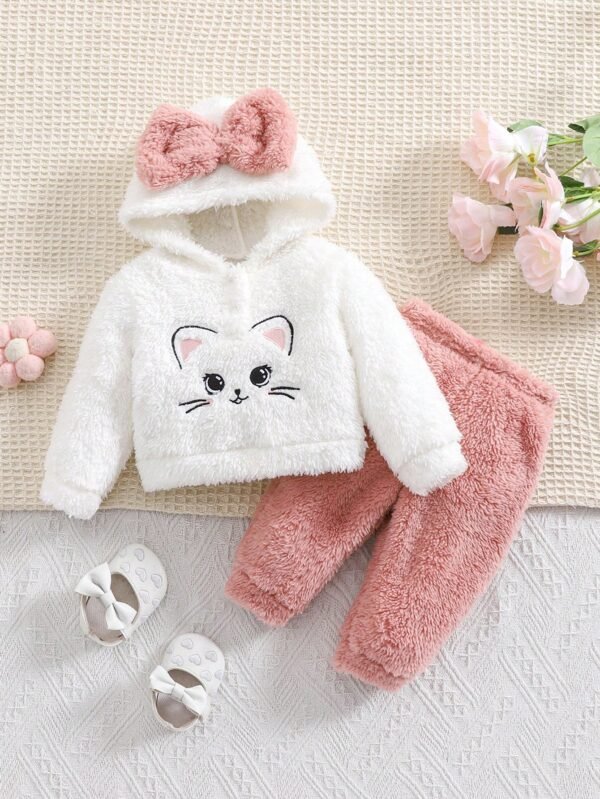 SHEIN Conjunto de 2 peças para recém-nascido, menina, Top com capuz estampada com desenho fofo e peluda, e calça de cintura elástica, para Outono/Inverno