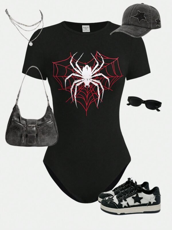 SHEIN Girlism Macacão Casual Corpete Sólido com Impressão de Aranha de Gola Redonda para Adolescentes