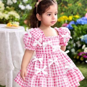 Vestido de Manga Curta Fern Glow Baby Girl Cute em Xadrez Rosa com Decoração de Laço, Verão