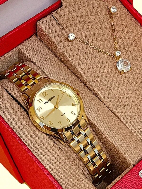 Relógio Mondaine Feminino Original Dourado À Prova D'Água com NF + Pulseira 608D
