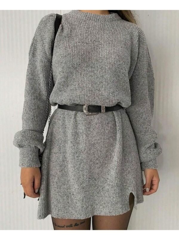 Vestido Mousse Tricot Inverno Elegante Fenda na Lateral Frio Moda    Casual    Dividido  Malhado