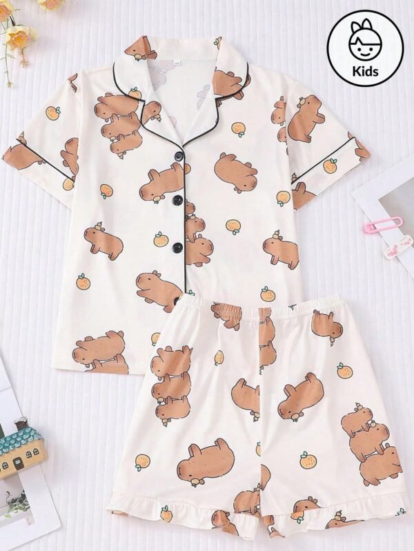 Conjunto de Pijama de Manga Curta para Meninas, Capivara Fofa e Laranja Estampados, Pijama Infantil Leve de Frente Aberta para o Verão