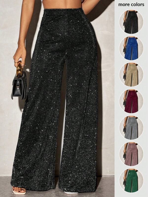 SHEIN SXY Calça de Cintura Alta e Perna Larga em Material Malha Brilhante e Casual para Mulheres