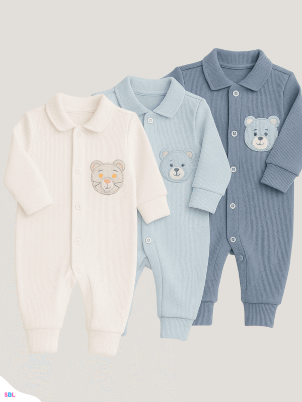 Kit 3 Menino Macacão de Bebe Canelado Bordado Vira pé 0 a 9 Meses Enxoval Recém-nascido