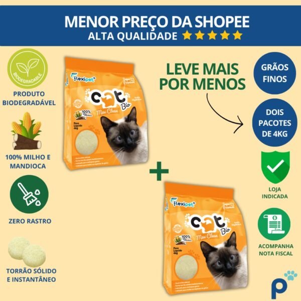 Areia Higiênica Biodegradável Catbio 8Kg (2 pacotes de 4 kg) - Max Clean - Grãos Finos