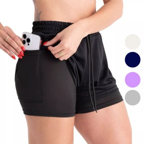 Shorts Feminino Academia Bermuda Dupla pra Corrida e Exercícios com Bolso Interno Cadarço e Legging