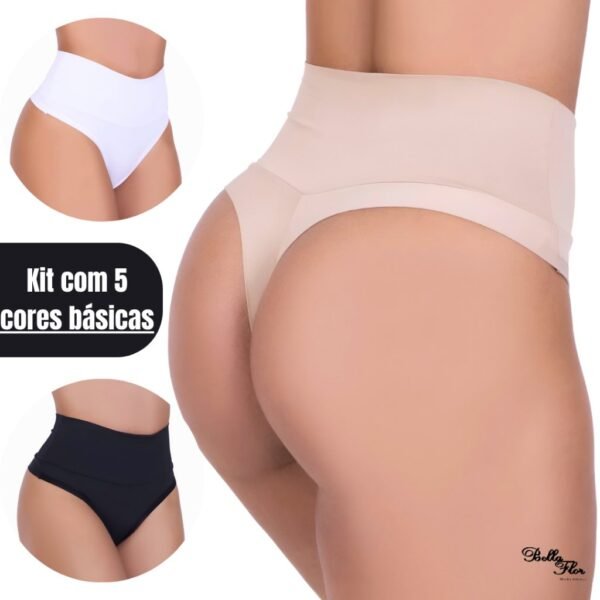 Kit 5 Calcinhas Modeladoras Cintura Alta Cós Duplo Fio Duplo Lisas Lingerie Segura Barriga Power Fitness Pós Parto