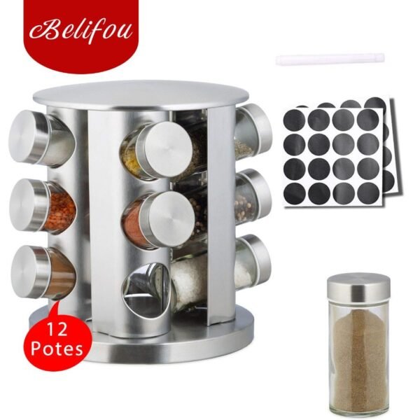 Belifou Porta Tempero Giratório Inox 12 Potes Com Suporte Giratorio Pote De Especiarias Giratório
