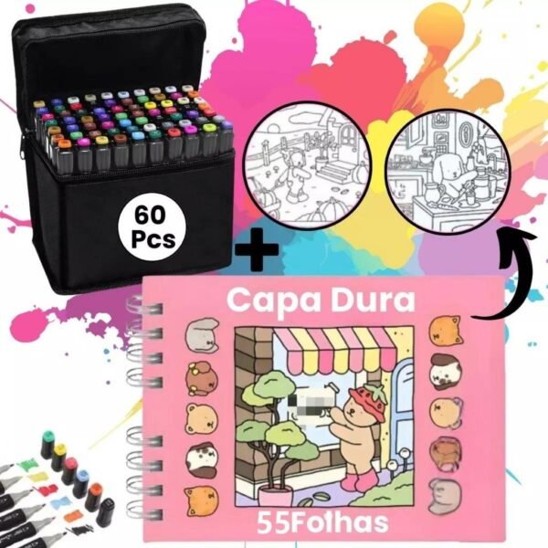 Kit Livro De Colorir Capa Dura 55 Páginas Bob Good Coloring Book + Canetinhas Marca Texto 24/36/60/80/100/120