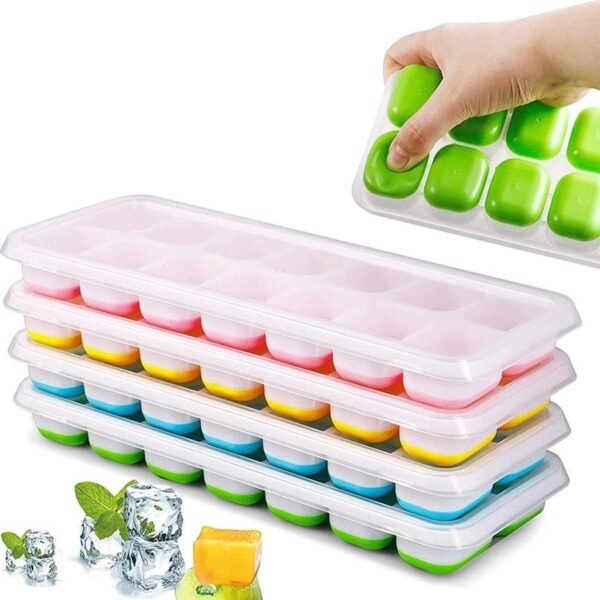 Kit 3 Formas de Gelo Silicone com Tampa Rígida Flexível Fundo 14 Cubos Retangular Multiuso Lavável