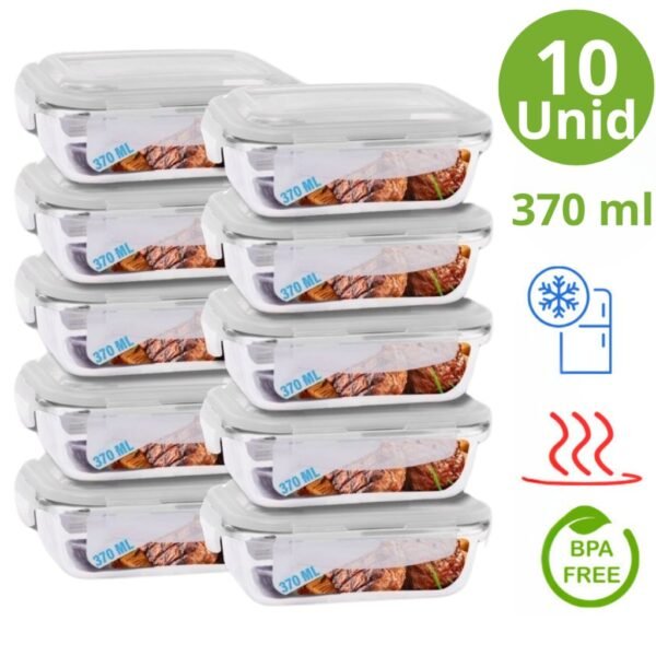 KIT 10 POTE HERMETICO VIDRO MARMITA ALIMENTO ANTI-VAZAMENTO 370ML PREMIUM