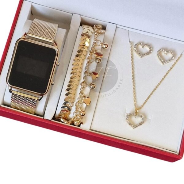 Relógio Feminino Digital de Led + Colar Brincos Folheado Ouro + Pulseira Feminina com Caixa - Presente dia dos namorados