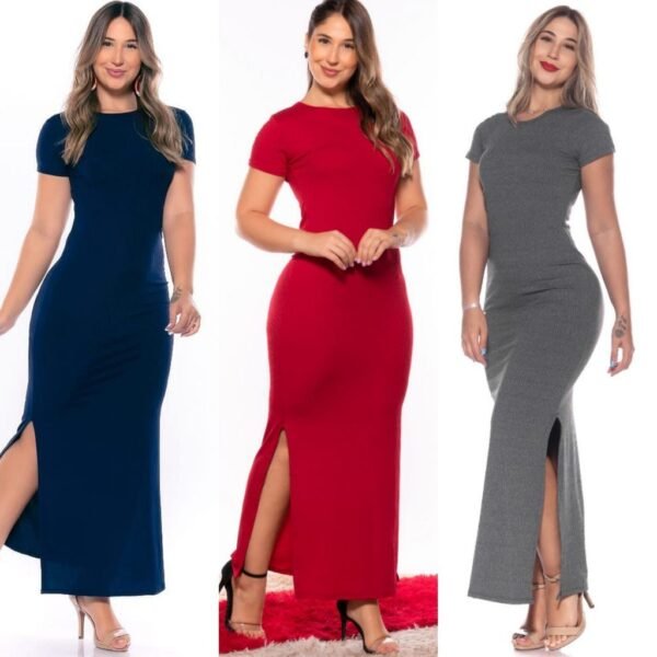 Vestido Longo Canelado com Manga Curta Feminino Longo com Fenda Gestante