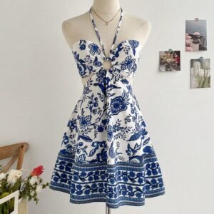 Vestido de férias casual azul e branco com estampa floral, com cintura franzida e decote vazado para mulheres