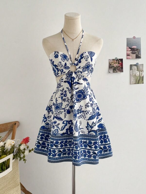 Vestido de férias casual azul e branco com estampa floral, com cintura franzida e decote vazado para mulheres