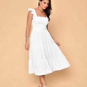 Vestido midi luxo duna lisa com babada na manga e renda na cintura