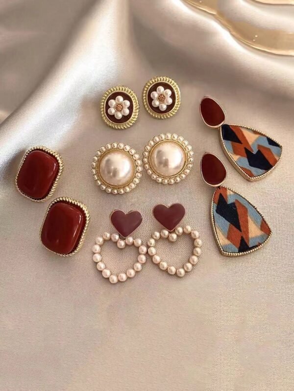 5 Peças Conjunto de Brincos Tipo Pino com Flores de Pérolas Retrô, Formato de Coração Oco, Bicolor, Luxuoso e Exclusivo, Dia dos Namorados