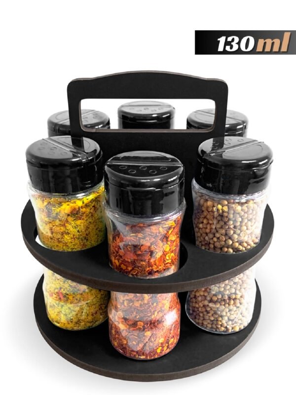 Kit Porta Tempero e Especiarias com Alça Redondo MDF 6mm Acompanha 6 Potes Plástico 130ml com Tampa Dosadora Dupla Organiza Cozinha