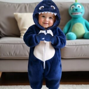 2 Peças/Conjunto Macacão de Manga Longa com Capuz e Mittens Reversível Flanela Azul e Branca Decoração de Garra de Monstro, Roupa de Estar em Casa para Bebê Menino