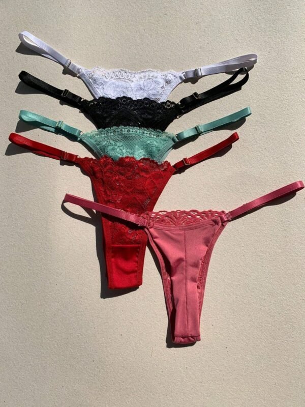 Kit com 5 Calcinhas de Renda com Regulagem Fio Dental Duplo Sensual de Renda Lingerie Feminina Moda Intima Atacado