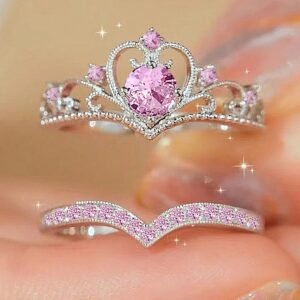 2 Peças Conjunto de Anéis Elegantes e Luxuosos com Coroa de Zircônia Cúbica, Joias Banhadas a Cobre da Moda, Presente de Dia dos Namorados Perfeito para Ela