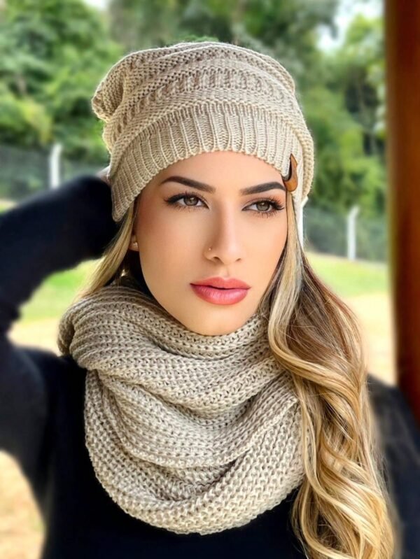Conjunto Tricot  Gorro Cachecol Infinito Macio Lã Tendencia Inverno Moda