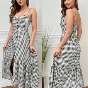Vestido Longo verao feminino elegante festa botoes com alça e bojo soltinho