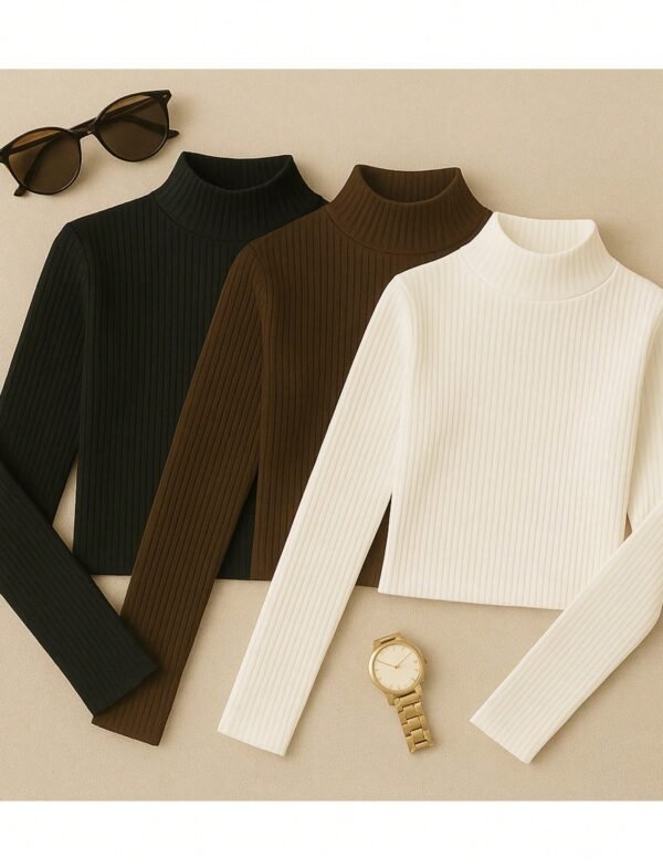Kit 3 Blusa Cacharrel Feminino Canelada Gola Alta Manga Longa Básica, Elegante e Versátil para Mulheres Casual e de Negócios Outono e Inverno Sueter Cacharreu Preto Branco e Marrom