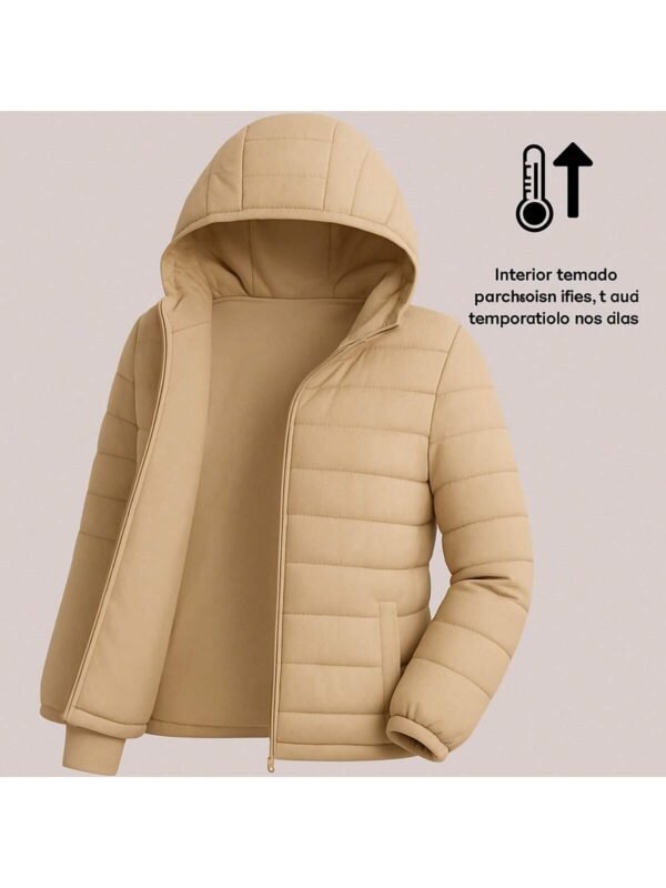 Jaqueta Feminina Puffer Impermeável Forrada Com Capuz Removível Proteção Frio Bege