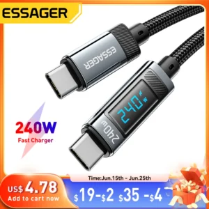 Essager 240w usb tipo c para cabo 100w pd 3.1 carregador de carregamento rápido fio macbook pro xiaomi samsung laptop usbc 2m