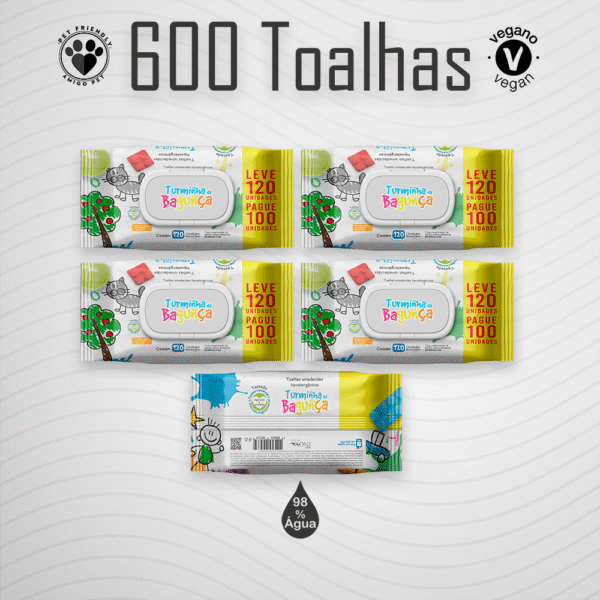Kit 5 Pacotes Toalhas Umedecidas Turminha da Bagunça 120 folhas - 19x13cm com tampa