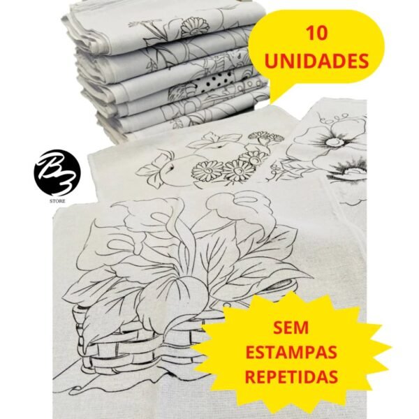 Kit 10 Pano de Prato Branco Riscado Para Pintura - Bainha Premium 100% Algodão 68X40